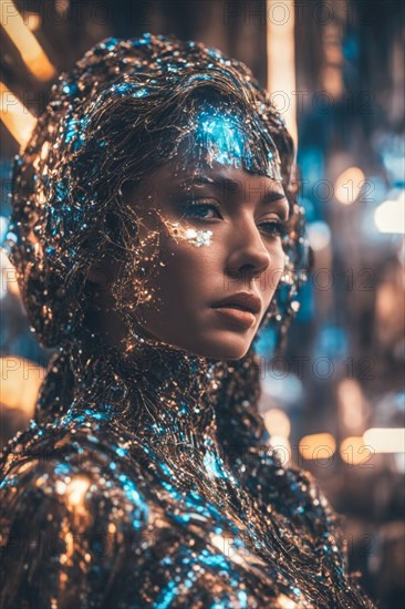A dramatic representation of a woman in futuristic metallic attire under blue lighting, ray tracing 3d dress, AI generated
