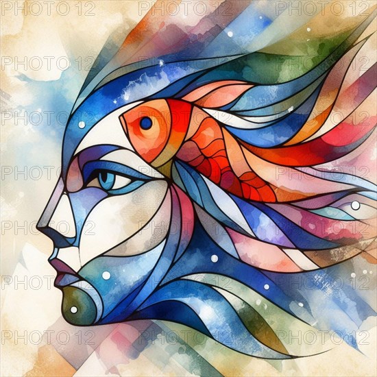 Dynamic abstract cubist profile of a woman with fish and flowing lines in watercolor style, square aspect, AI generated