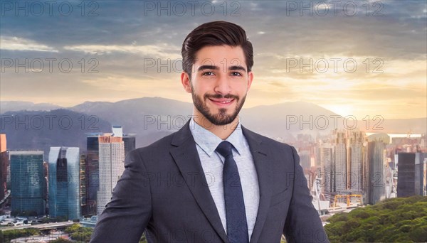 Professional businessman in front of city skyline conveys an image of success and self-confidence, symbol office, AI generated, AI generated
