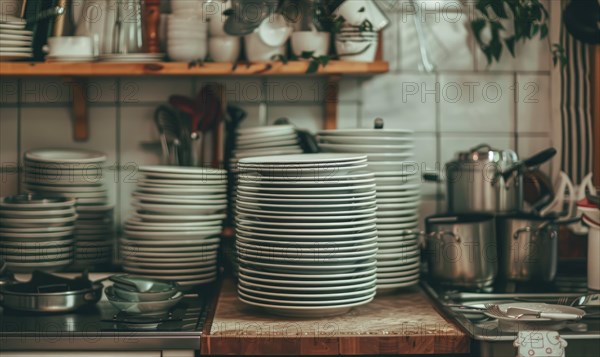 Rustic kitchen with stacked plates on wooden shelves, pots and pans adding to the homely vibe AI generated