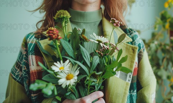 Close-up of hands holding a bouquet of flowers, complementing the nature-inspired fashion aesthetic AI generated