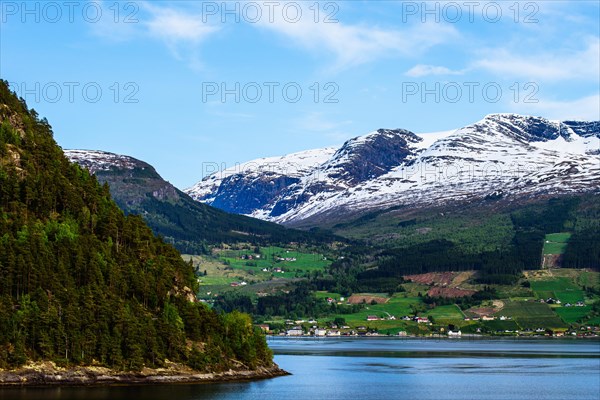 Mountains and Fjord over Norwegian Village, Olden, Innvikfjorden, Norway, Europe