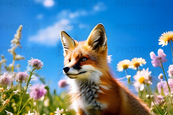 Little fox butterfly weaving through a wildflower meadow under a soft blue summer morning sky, AI generated