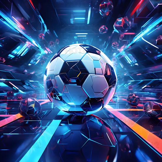 Abstract digital landscape football analytics inspired by geometric patterns interweaving neon lines, AI generated