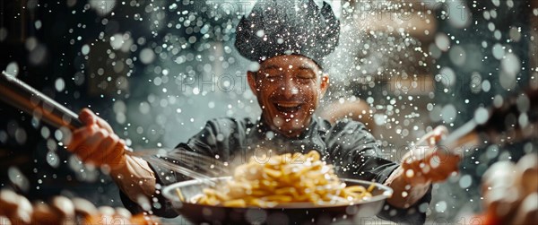 Cheerful chef tossing pasta, capturing both the motion and his enjoyment in a lively kitchen, AI generated