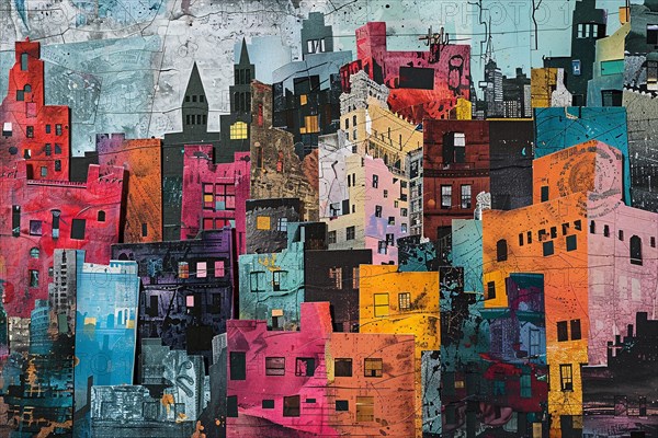 Abstract and vibrant painting of a colorful cityscape with a chaotic arrangement of buildings, illustration, AI generated