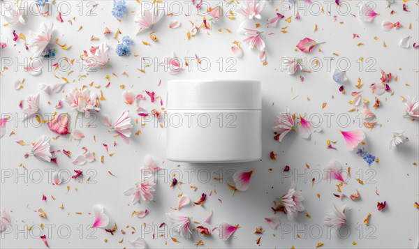 Blank creme jar mockup with scattered flower petals on a white background, beauty in nature AI generated