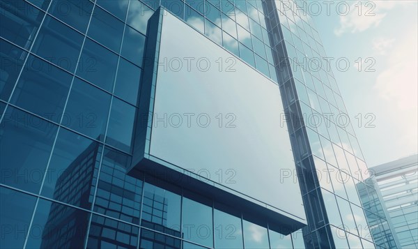 Blank screen banner mockup displayed on the modern building facade. Close Up view AI generated