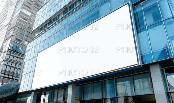 Blank screen banner mockup displayed on the modern building facade. Close Up view AI generated