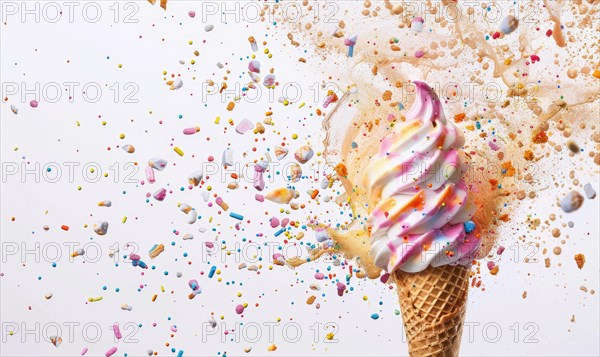 Ice cream cone explosion on white background AI generated