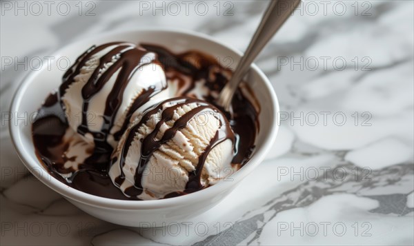 Ice cream scoop with chocolate syrup swirls closeup view AI generated