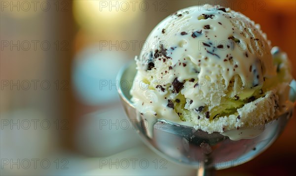 Mint chocolate chip ice cream scoop, closeup AI generated