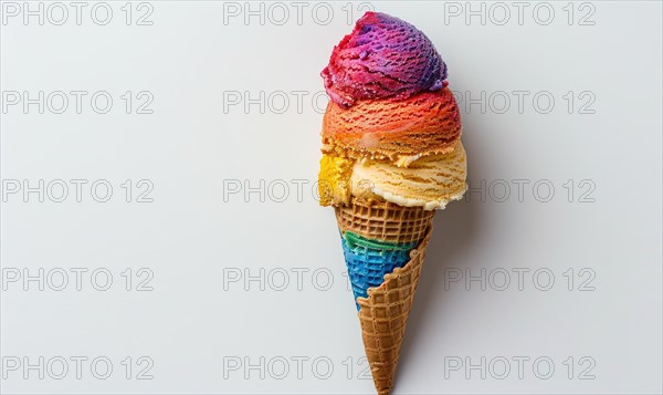 Rainbow-colored ice cream cone on white background AI generated