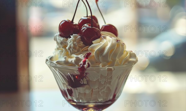 Sundae topped with cherries and whipped cream, closeup view, selective focus AI generated