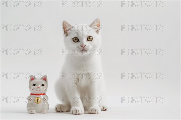 Cute white cat with Japanese Maneki Neko lucky cat figurine. KI generiert, generiert, AI generated