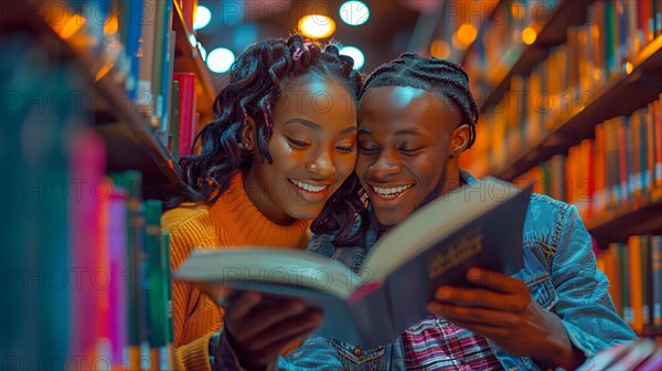 A happy couple of african american university students reading a book together in a vibrantly lit library, AI generated