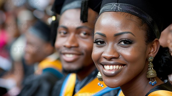 Radiant black beautiful young woman in graduation attire smiling with joy as they celebrate their academic achievement, AI generated