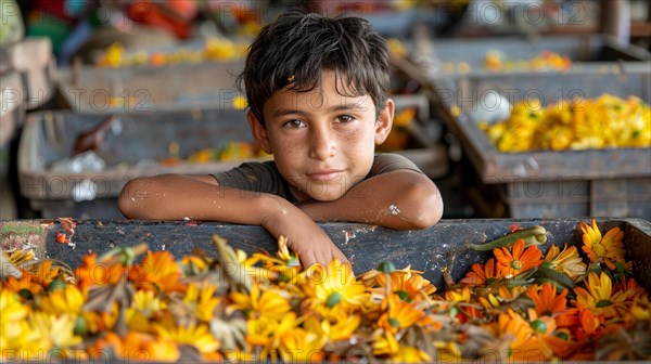 Young boy laying on a flower market stall, surrounded by yellow and orange marigolds, smiling at the camera, AI generated