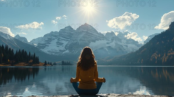 Woman meditating in front of a calm mountain lake at sunrise, relaxation, recreation, serenity, naturalness, meditation, enjoyment concept, AI generated