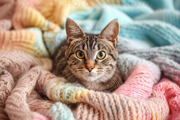 Cute cat lying in colorful knitted blanket. KI generiert, generiert, AI generated