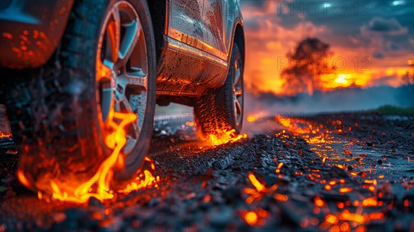 Car tire with dramatic sparks and fire under a dark, ominous sky, low ultra wide angle, AI generated