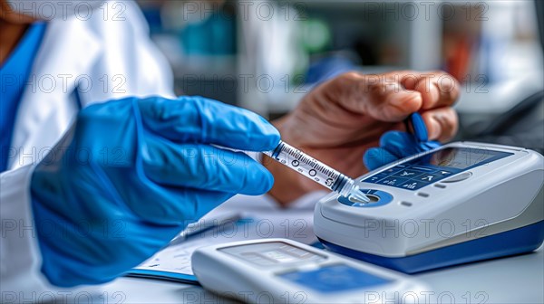 A healthcare worker testing blood sugar levels with medical equipment, AI generated