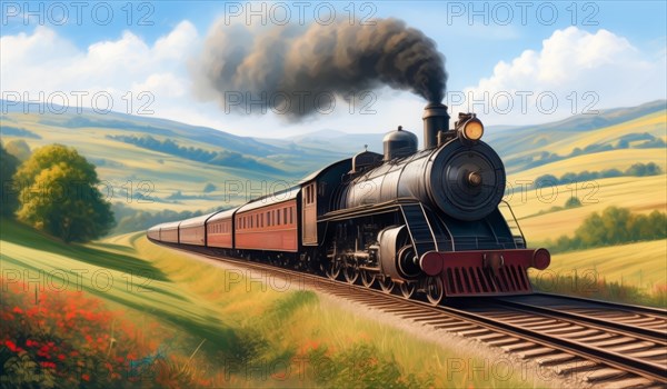 Classic steam locomotive moving through green fields, evoking a sense of nostalgia, ai generated, AI generated