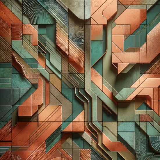 Green and copper geometric abstract art with a sense of depth, AI generated
