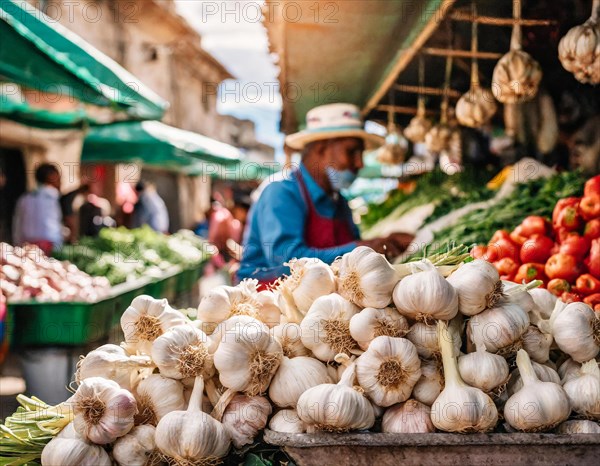 Food, spices, garlic, Allium sativum, many tubers on a market stall in Turkey, old man as seller, AI generated, AI generated