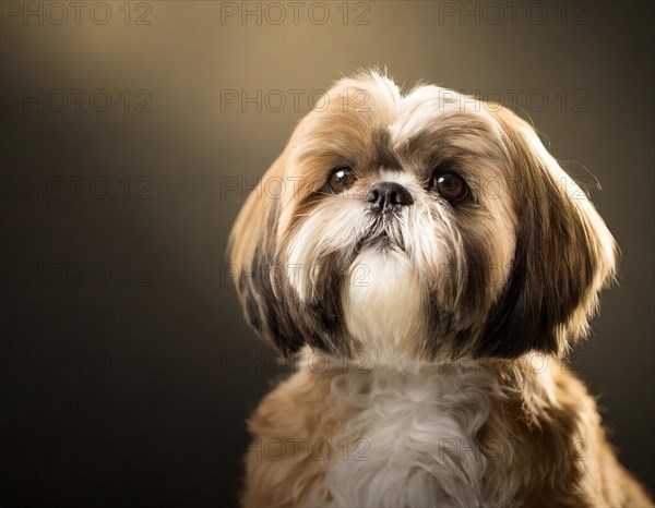 Dog, Shih-Tzu, portrait, head only, puppies, dark background, AI generated, AI generated