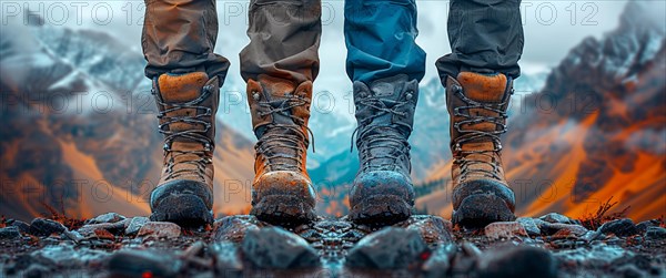 Two hikers standing side by side on a rocky mountain trail, AI generated