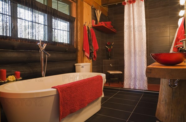 White freestanding bathtub, shower stall and red bowl sinks in main bathroom inside contemporary style log home, Quebec, Canada, North America