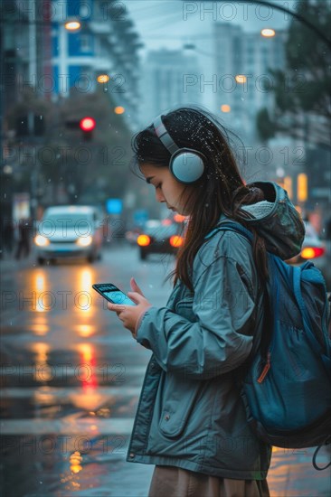 Schoolgirl with headphones looking at her smartphone on a busy street in a city, symbolic image for accident risk due to media distraction in road traffic, AI generated, AI generated, AI generated