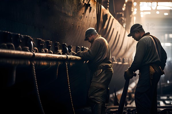 Close up ships hull under repair in seaport dry dock, AI generated