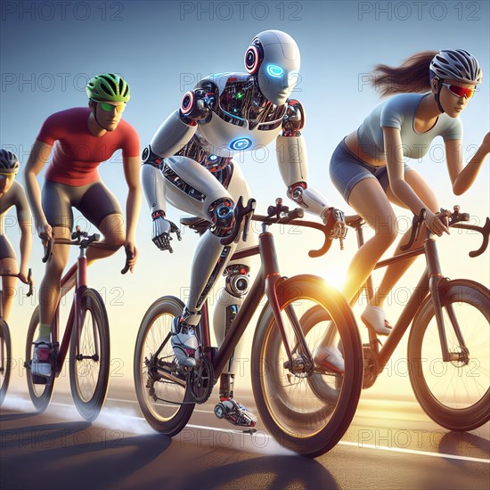 A humanoid rides a bicycle in a race, symbolic image cybernetics, sport, competition AI generated, AI generated