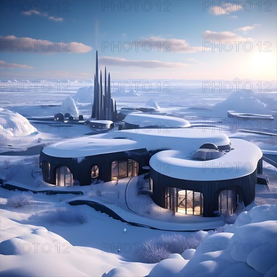 Concept for arctic city designed for sustainability featuring geothermal heating, AI generated