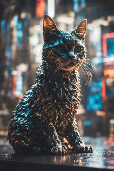 Cat sitting tinsel-covered in an urban setting, immersed in cool tones, ray tracing 3d sculpture, AI generated