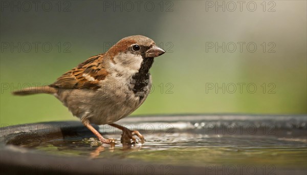 Animals, bird, sparrow, house sparrow, Passer domesticus, at a watering hole, AI generated
