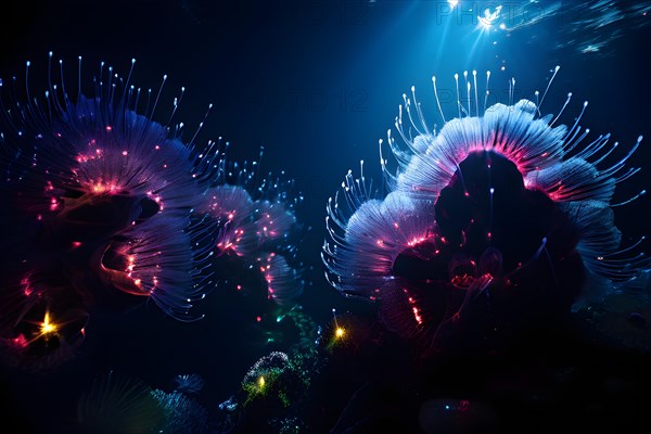 Bristle worms bioluminescent bodies floating in deep ocean, AI generated, deep sea, fish, squid, bioluminescent, glowing, light, water, ocean