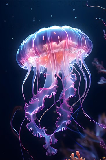 Deep sea jellyfish glowing with bioluminescence intricate patterns illuminating the dark sea, AI generated