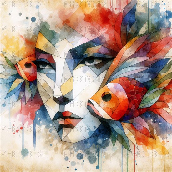 Abstract cubist painting of a woman with fish, featuring watercolor splashes, square aspect, low poly origami style, AI generated