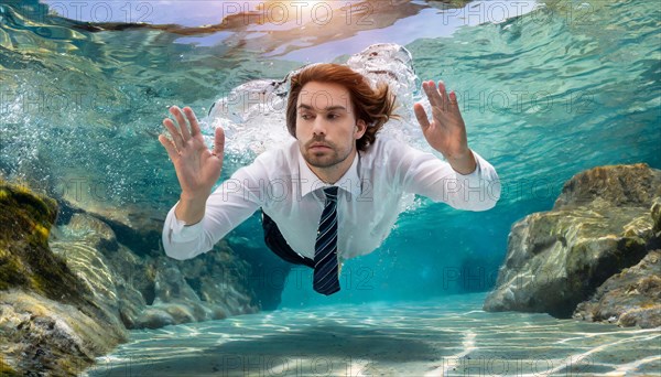 A businessman in a suit swims unconventionally under water, symbolising creativity, symbol office, AI generated, AI generated