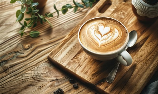 Close-up of a coffee cup with intricate latte art on a wooden surface near roasted coffee beans AI generated