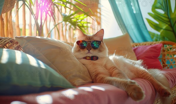 A relaxed cat with sunglasses lounging on pillows among indoor plants AI generated