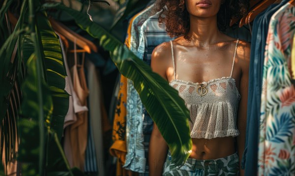 A woman in a tropical print outfit standing next to a clothing rack, illuminated by warm light AI generated