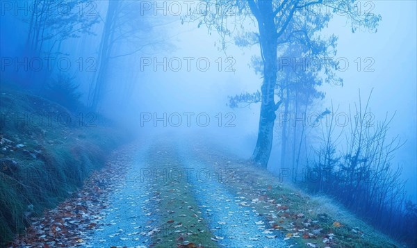 A foggy path leads through a forest with autumn leaves scattered on the ground AI generated