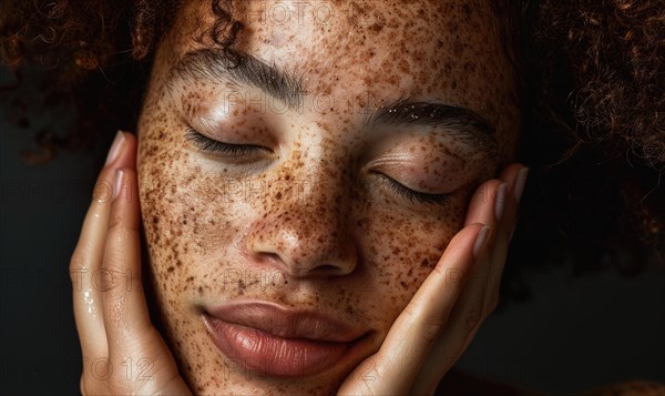 Close-up of a serene woman with freckles, eyes closed, hands on her cheeks AI generated