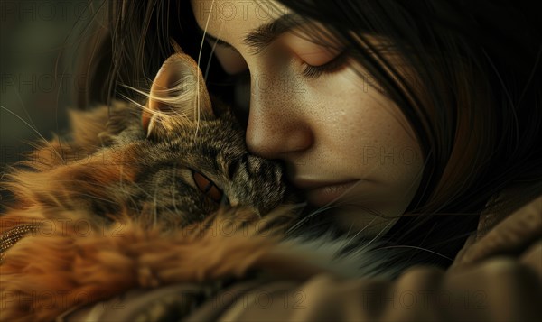 Intimate close-up of a woman showing affection to her cat in a comforting embrace AI generated