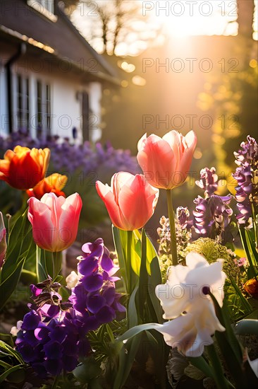 Traditional cottage garden with spring flowers tulips hyacinths pansies in warm morning light, AI generated