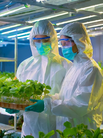 Biologists in protective suits grow vegetables in the lab, the concept of biotechnology, plant care and protection against diseases, organic food production, AI generated, AI generated